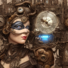 Steampunk-inspired woman with metallic adornments and ravens in gear-filled backdrop