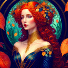 Illustration: Woman with red hair, autumn leaves, blue & gold dress, fish & leaves halo