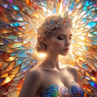 Iridescent dress and ornate headpiece against butterfly wing backdrop