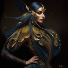 Illustrated woman in ornate cosmic garments with gold accents.