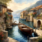 Tranquil coastal village painting with stone houses, boat, mountains, and hazy sky