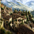 Picturesque medieval village with cobblestone streets and terracotta-roofed houses nestled in rolling