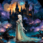 Cloaked figure at luminous castle with cherry blossoms and full moon.