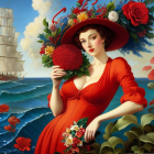 Stylized painting of woman in red dress with flower, sailboat, coastal town