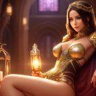 Fantasy-themed woman in golden armor with potion bottle in gothic interior