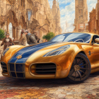 Golden sports car parked on cobblestone street in historic European city.