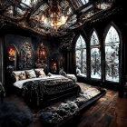 Luxurious Gothic-style bedroom with canopy bed, red and black decor, ornamental furniture, and candle