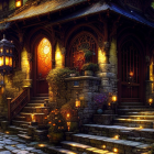 Twilight cottage with glowing lanterns, stone steps, and blue flowers under warm light