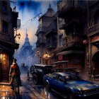 Vintage street scene: dusk ambiance, period attire, classic cars, street lamps, illuminated castle.