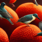 Colorful Bird Artwork Featuring Stylized Birds and Flower-like Orbs