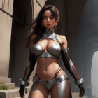 Futuristic female character in armor with collar, gauntlets, and holster.