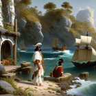 Pirate on Tropical Beach with Ships and Hut