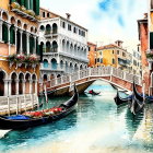 Colorful watercolor painting of Venetian canal with gondolas and ornate bridge