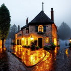 Cobblestone street at night with cozy cottages and stormy sky