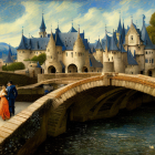 Castle painting with spires, stone bridge, swans, lush landscape, and whimsical clouds