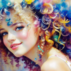 Vibrant portrait of a woman with curly hair and colorful ribbons