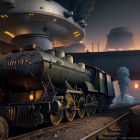 Futuristic Train Station with Airships in Industrial Sci-Fi Landscape