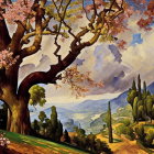 Colorful landscape painting with blossoming tree, people, hills, cypress trees, mountains.