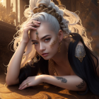 Fantasy character with pale skin, white hair, and intricate jewelry resting chin on hand