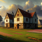 Charming countryside scene with rustic houses, flower path, lush fields, birds, and sunset clouds