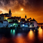 Night scene of illuminated town reflected in water under dramatic sky