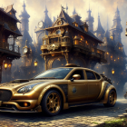 Steampunk scene with retro-futuristic car and ornate buildings