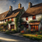 Traditional cottages with colorful flowers on charming street at sunset