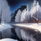 Snow-covered trees and reflective river in serene winter landscape