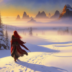 Red-haired person in dark cape walking snowy landscape at sunset