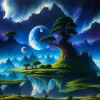 Fantastical night landscape with giant tree on floating island, moon, stars, figures with lanterns
