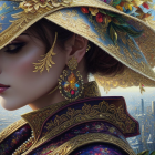 Woman with Baroque-Inspired Golden Hat and Jewelry in Fantastical Cityscape