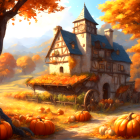 Tranquil autumn scene: stone house, pumpkin patch, orange trees