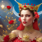 Regal woman with golden crown, horns, red roses, and hearts in luminous setting