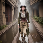 Historical pirate-like woman on wet cobblestone street near canal.