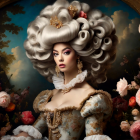 Elaborate Baroque wig and period dress with gold jewelry in oval mirror portrait