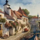 Historic European street at sunset with flower-adorned facades and reflective canal