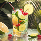 Fruit-Infused Water with Lime Slice and Raspberries in Sunny Setting