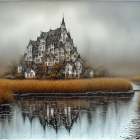 Fantasy castle with illuminated windows reflected in water among barren trees and misty sky