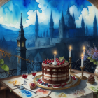 Fantasy banquet scene with cake, candles, fruits, snowy landscape, pines, tower, star