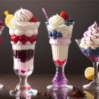 Colorful dessert glasses with ice creams, fruits, and toppings on reflective surface