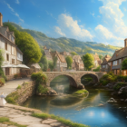 Tranquil fantasy village with stone bridge, river, and mountains