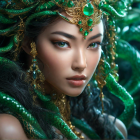 Woman with green and gold Medusa-like headpiece and serpentine shapes gazes at camera