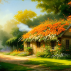 Peaceful cottage surrounded by orange blossoms near serene river