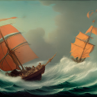 Ancient sailboats with orange sails in rough sea waves under dramatic sky.