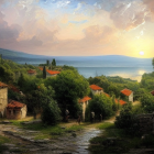 Tranquil coastal village at sunset with cobblestone paths and blooming flowers