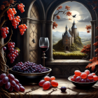 Ripe fruits, red wine, autumnal landscape, castle, birds