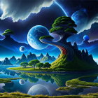 Vibrant fantasy landscape with greenery, reflective lake, and star-filled sky