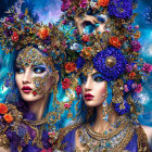 Vivid fantasy artwork: two women with tree and butterfly motifs in magical forest.