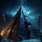 Futuristic blue-glowing pyramid in snowy landscape