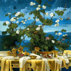 Luxurious table setting with fine china, gold utensils, fruit bowls, lush bush, serene lake